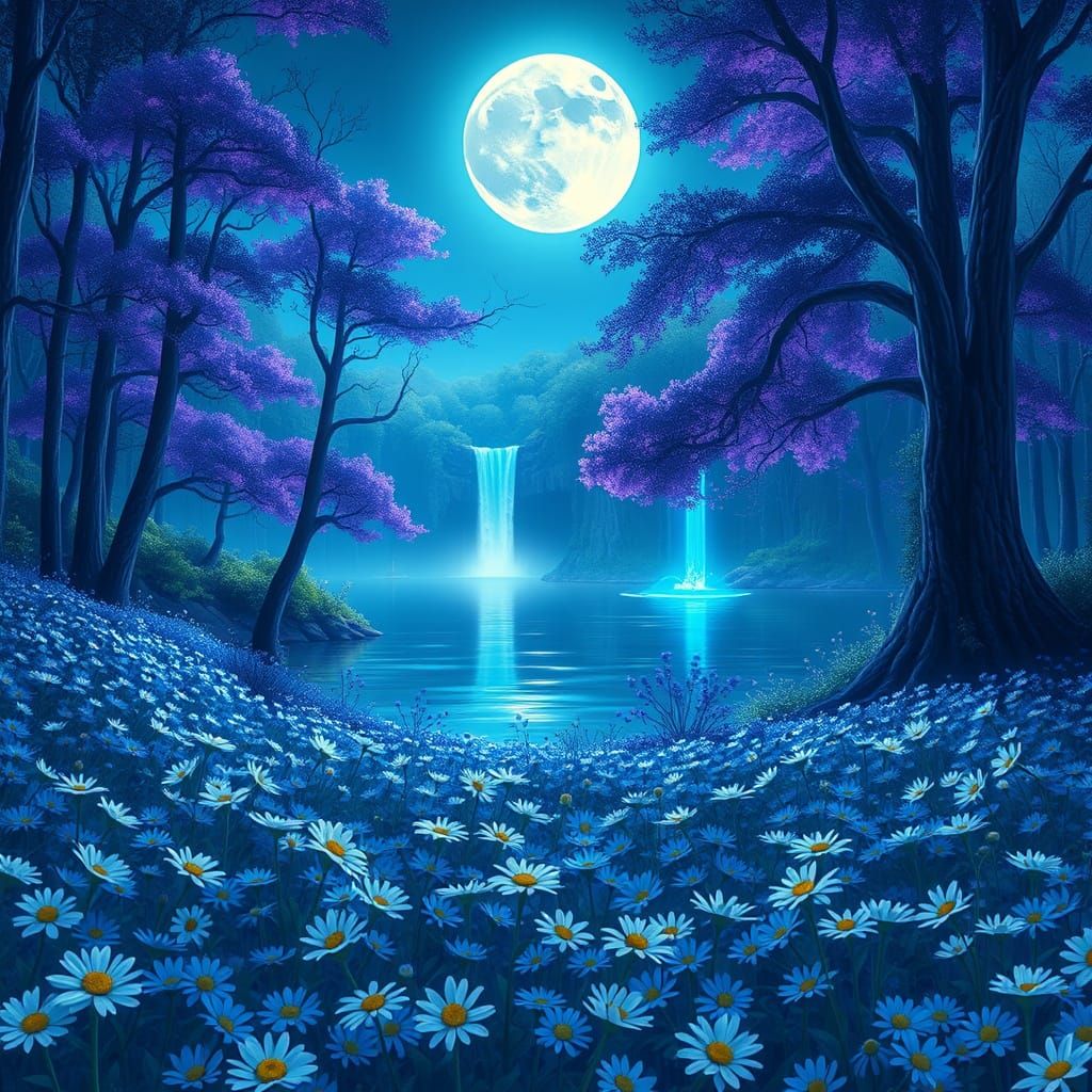 Dreamlike Forest Scene with Glowing Flora and Waterfall