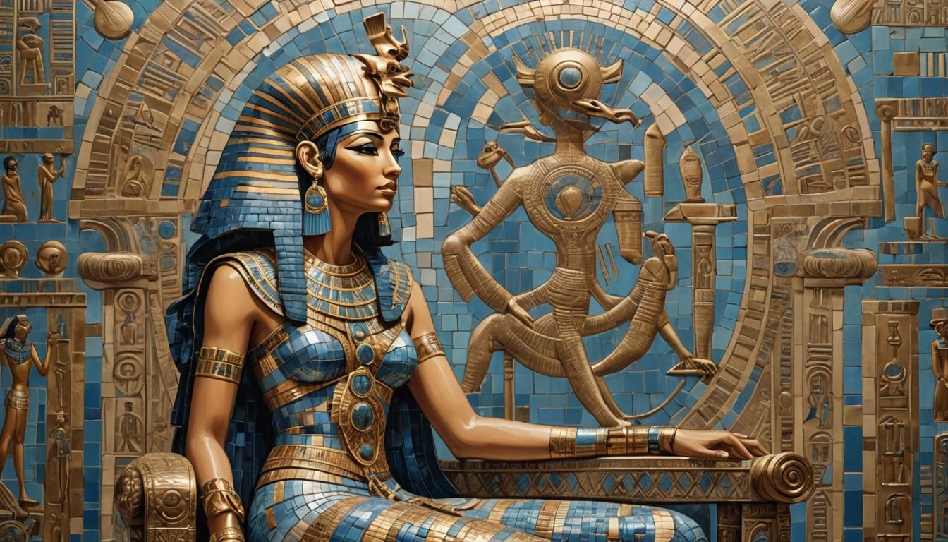 Cleopatra on Her Throne in Mosaic Patchwork Style