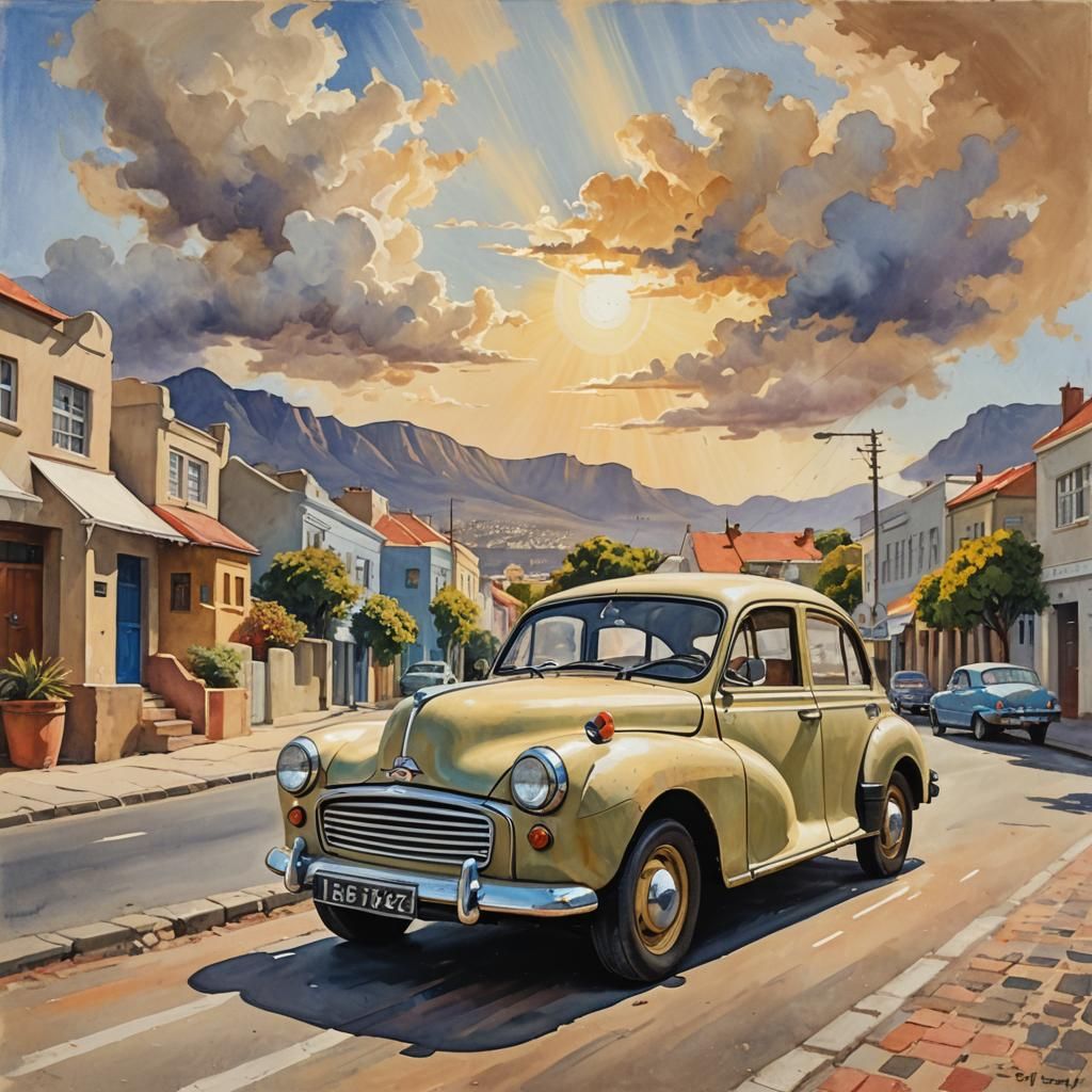 Morris Minor in 1950's Cape Town: Gouache Impressionism