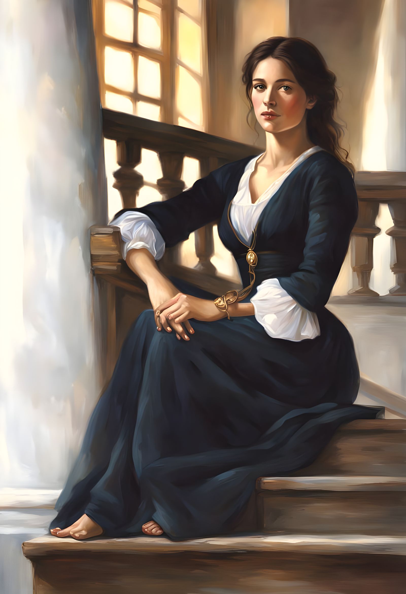 Woman in Spanish Renaissance Oil Portrait, Olive Skin, Woode...