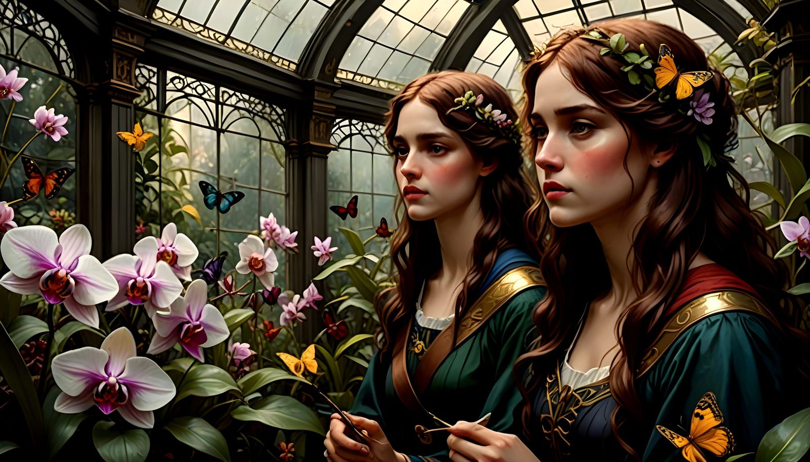Orchid Conservatory in Pre-Raphaelite Style