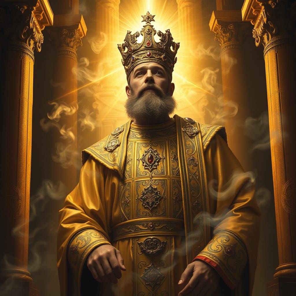 Golden High Priest in Awe before Divine Light in Holy of Hol...