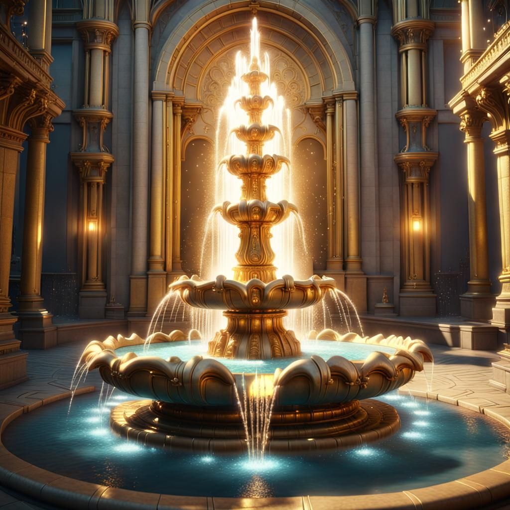 Glowing Golden Fountain of Transformation in 3D