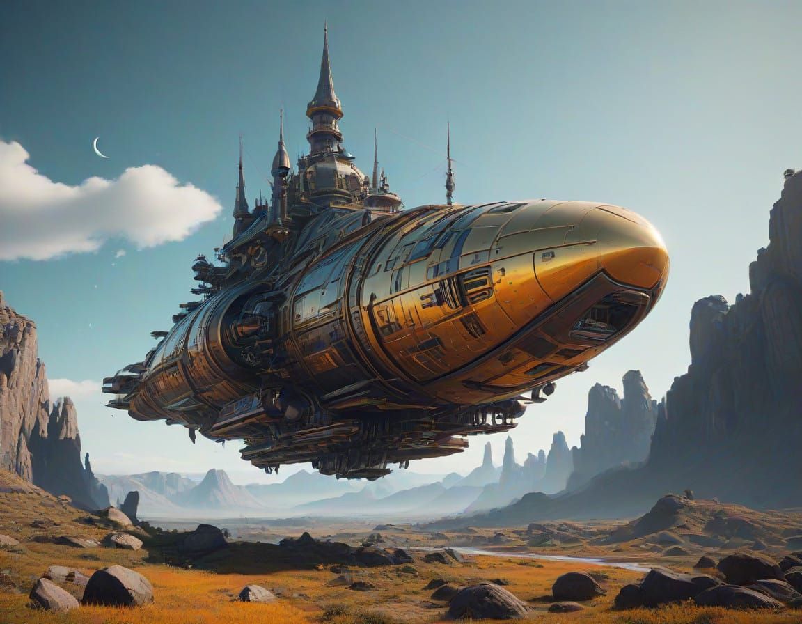 Golden Steampunk Cathedral Spaceship in Intricate, Swirling...