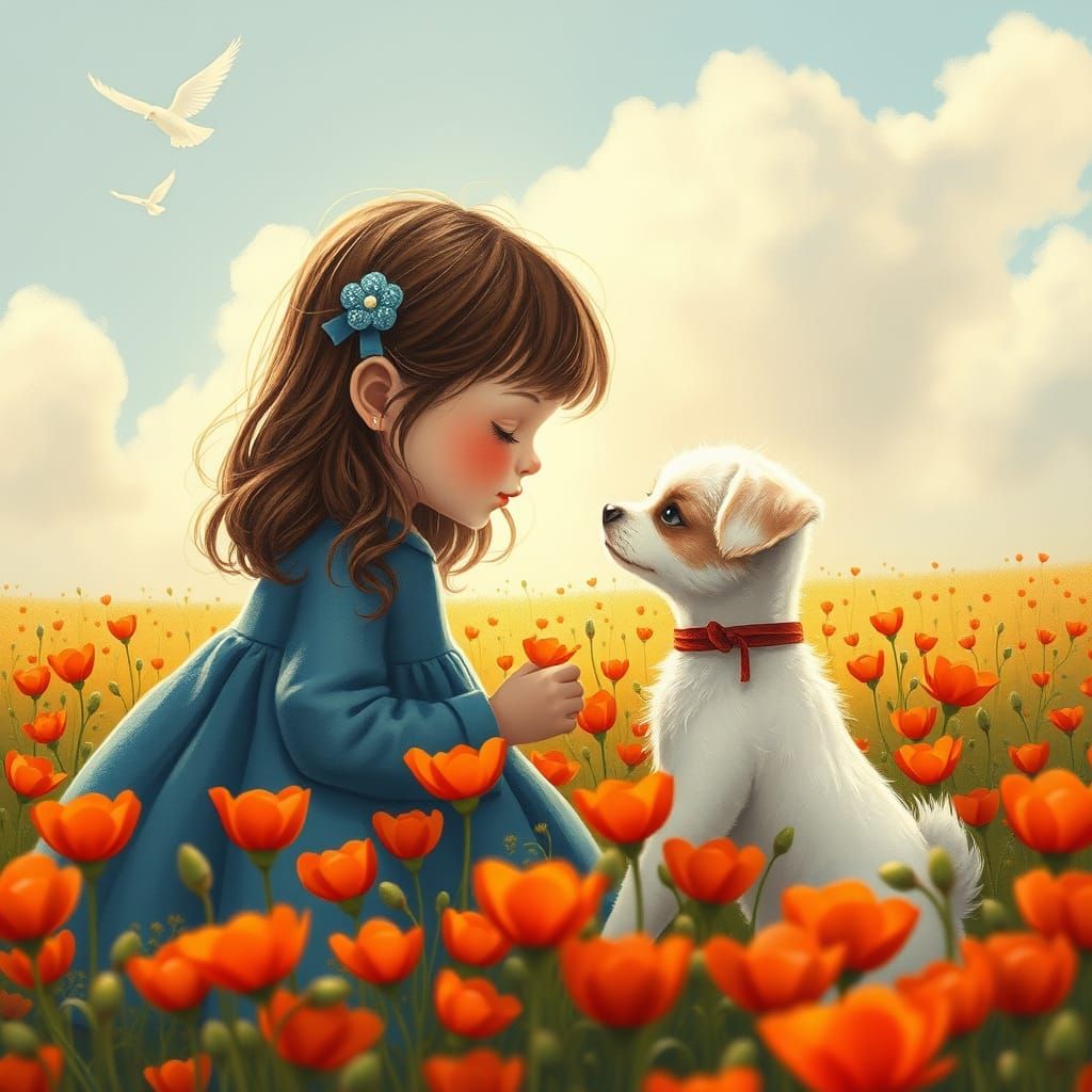 A Gentle Moment with a Little Girl and Her Dog in a Vibrant ...