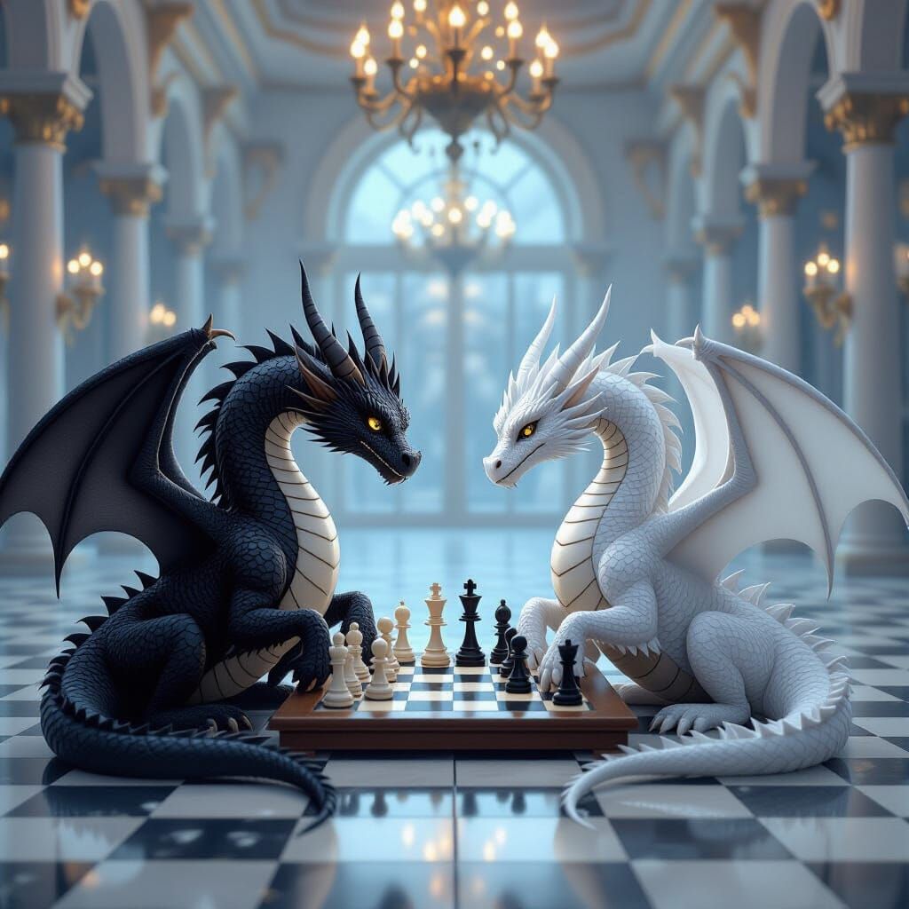 Dragons Playing Chess in Ethereal Ballroom