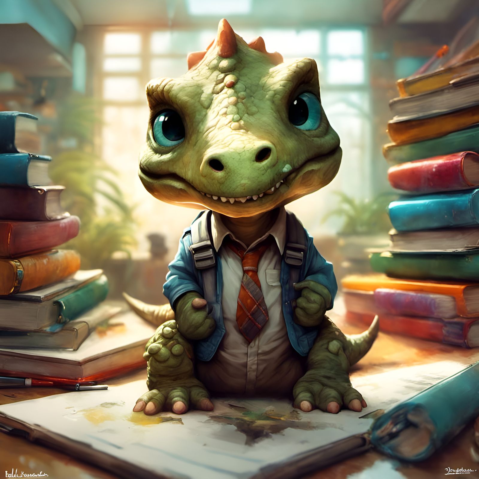 Chibi Dinosaur in School on a Sunny Day, Detailed and Adorab...