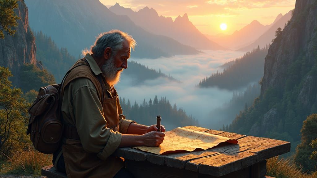 Villager Studies Ancient Map in Misty Mountains