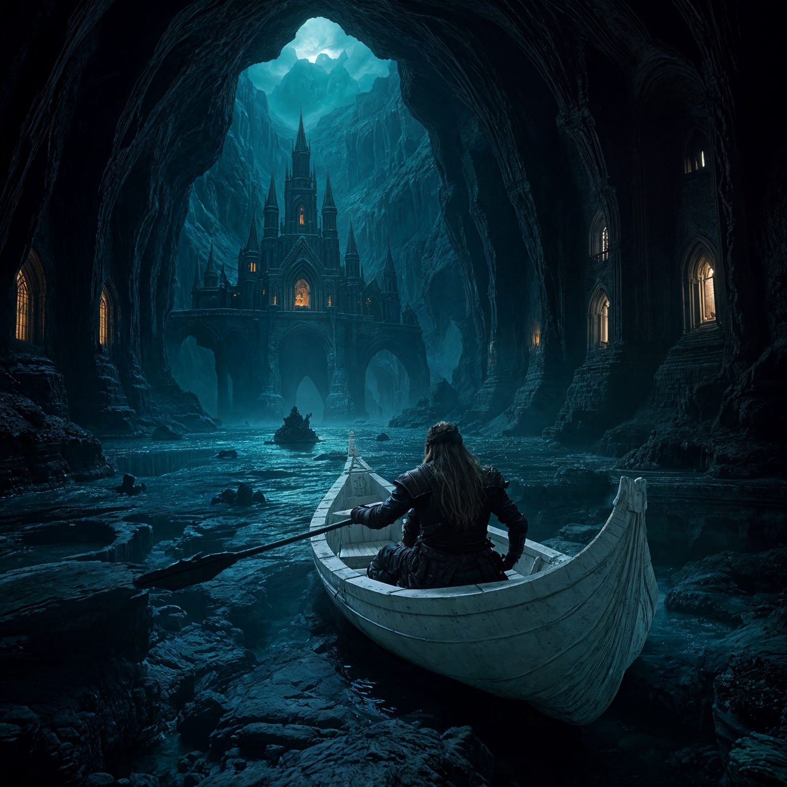 Gothic Dark Elf City in Gigantic Cavern River