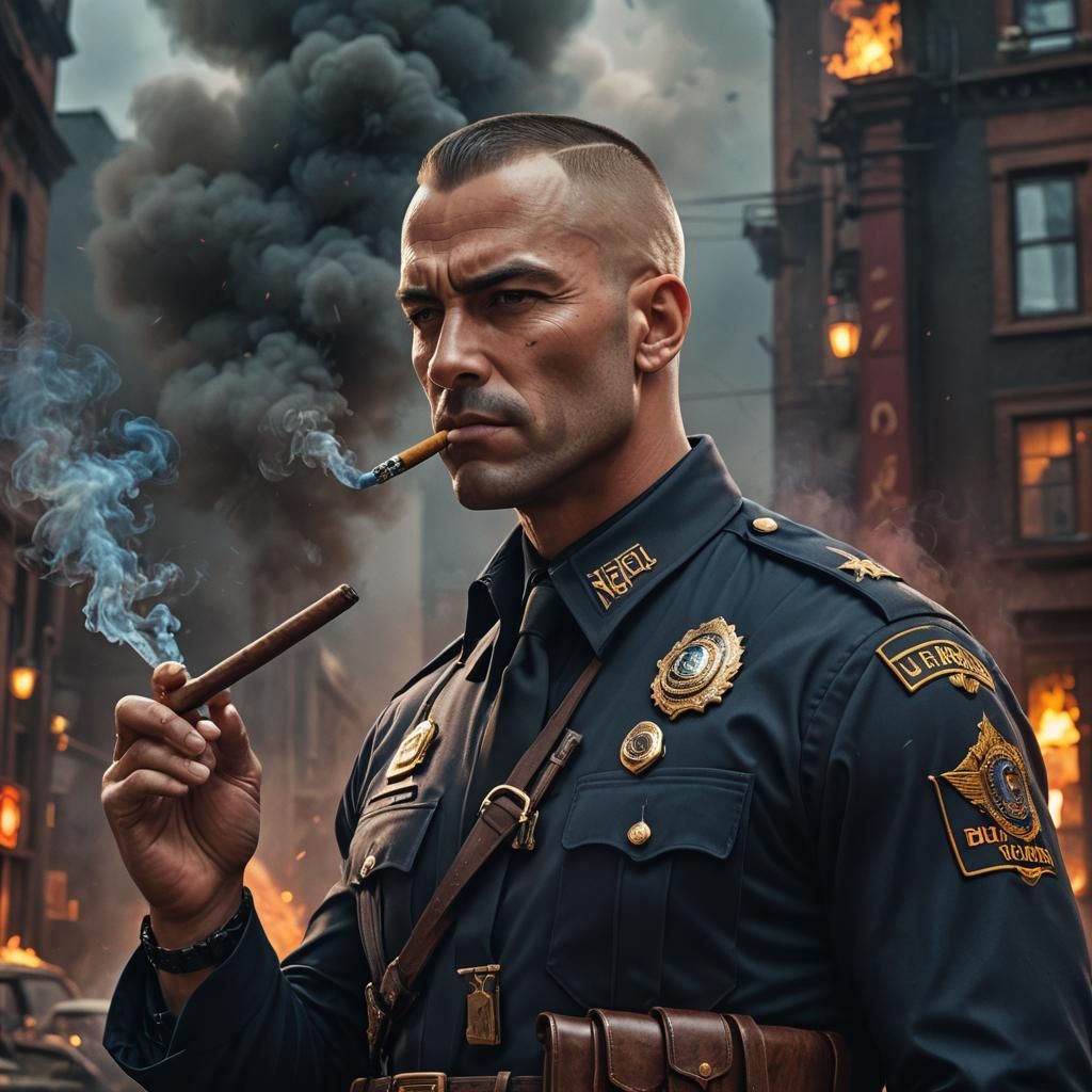 Muscular Cop Smoking Cigar: Detailed Matte Painting