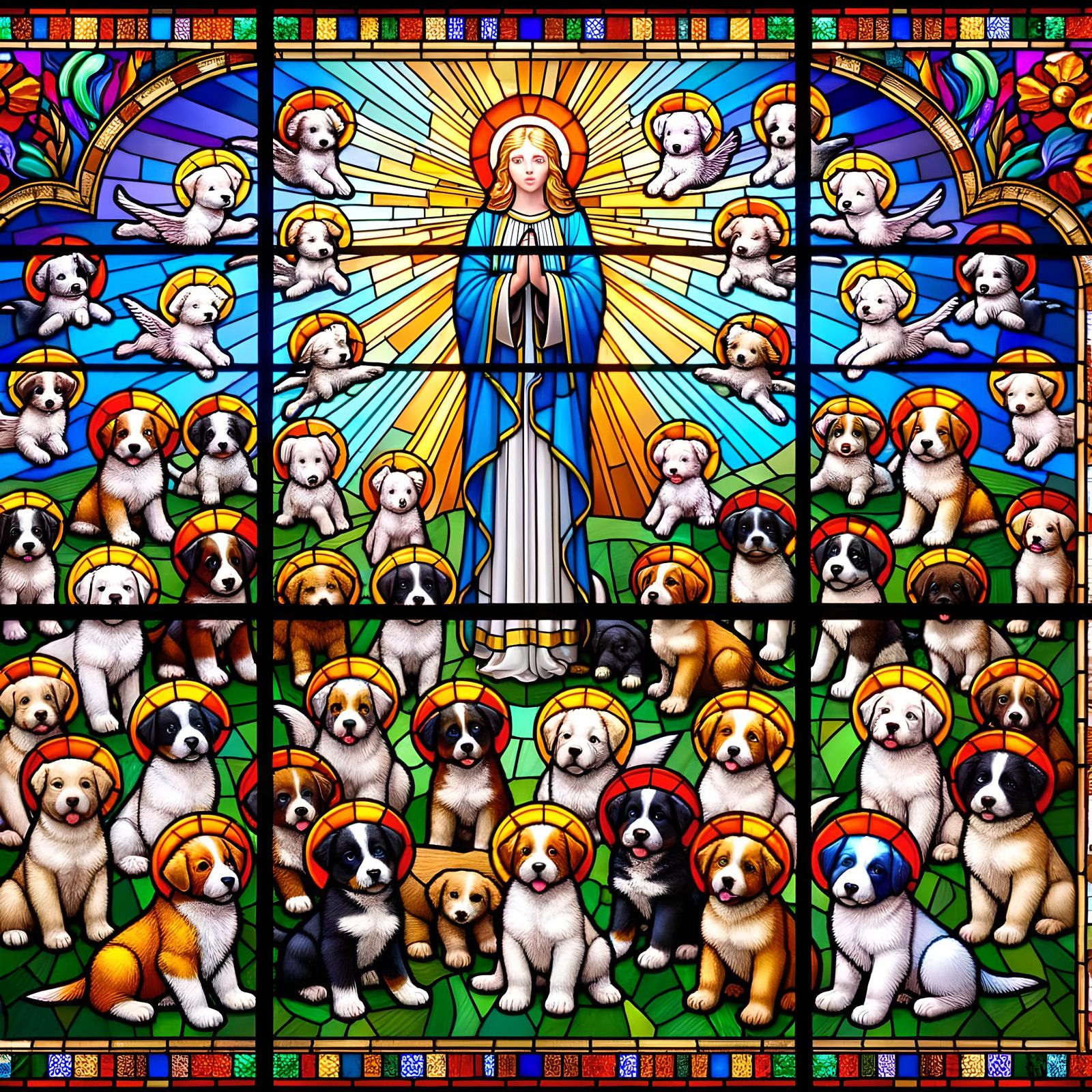 Stained Glass Art: Sacred Puppies in Church Window