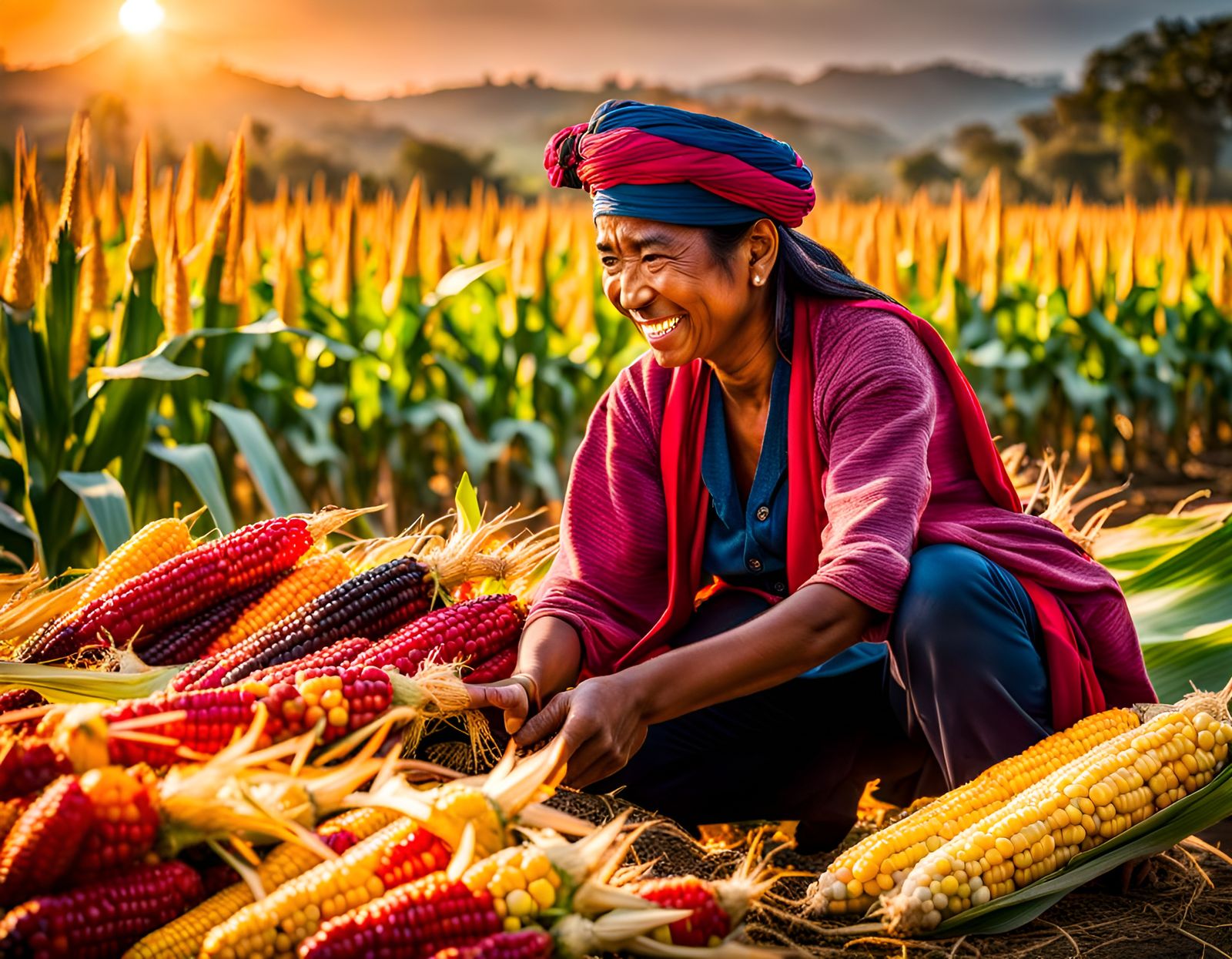 Aztec Farmers Harvesting Colorful Corn at Sunset