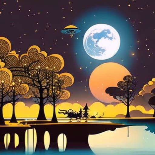 Surreal Moonlit Landscape in Vivid Colors