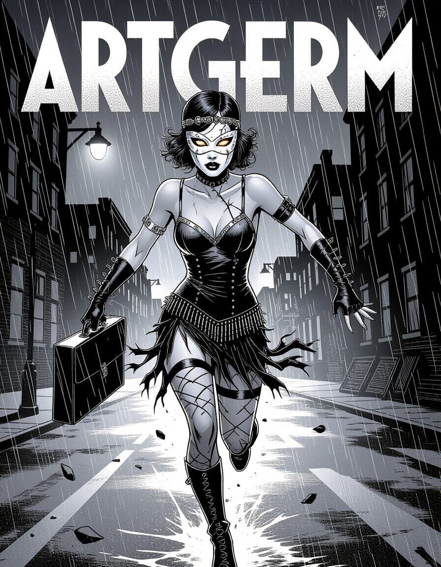 Black and White Comic Cover: Woman in Mask Flees Deserted St...