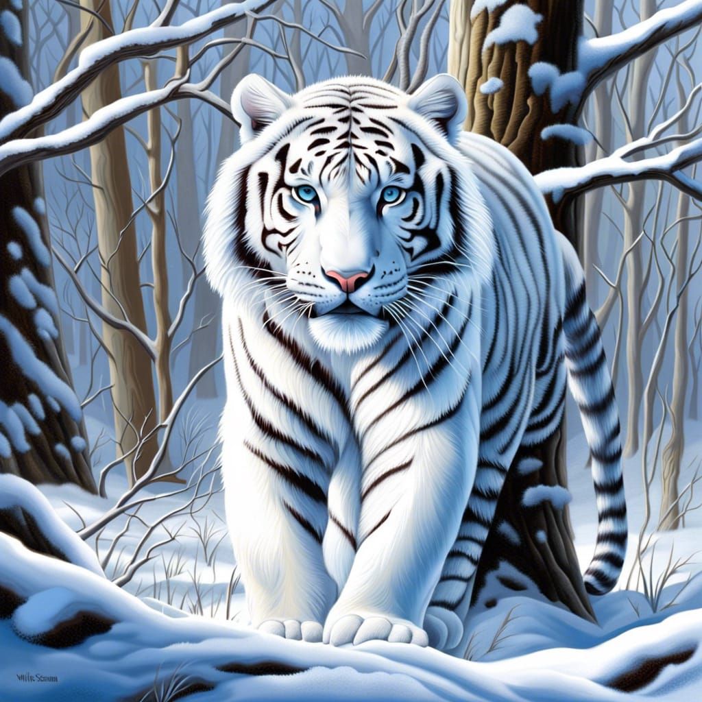 White Siberian Tiger Stretching in Snowy Forest