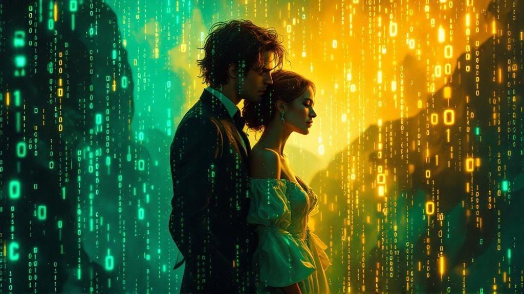 Cyberpunk Matrix Code Overlay with Painterly Brushstrokes