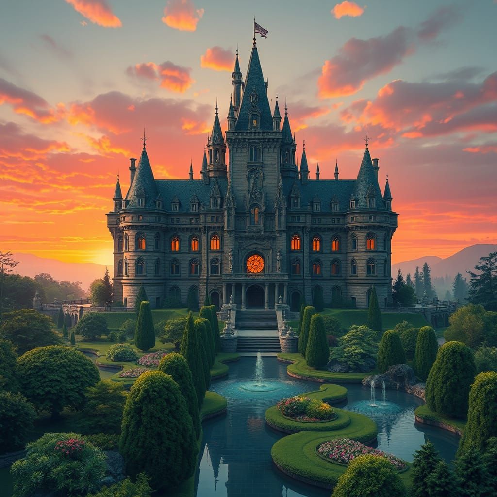 Majestic Castle Gardens at Sunset in Landscape Style
