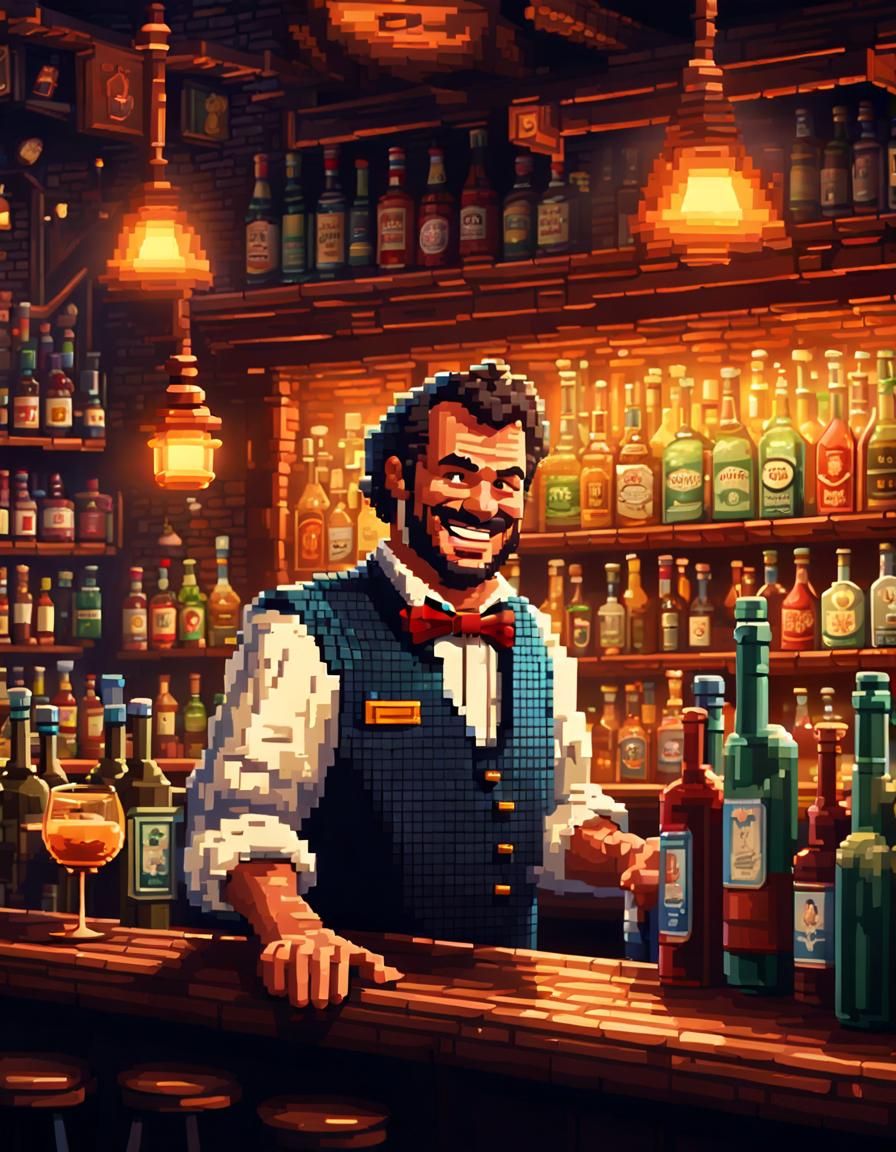 Pixel Art Bartender in Bustling Tavern