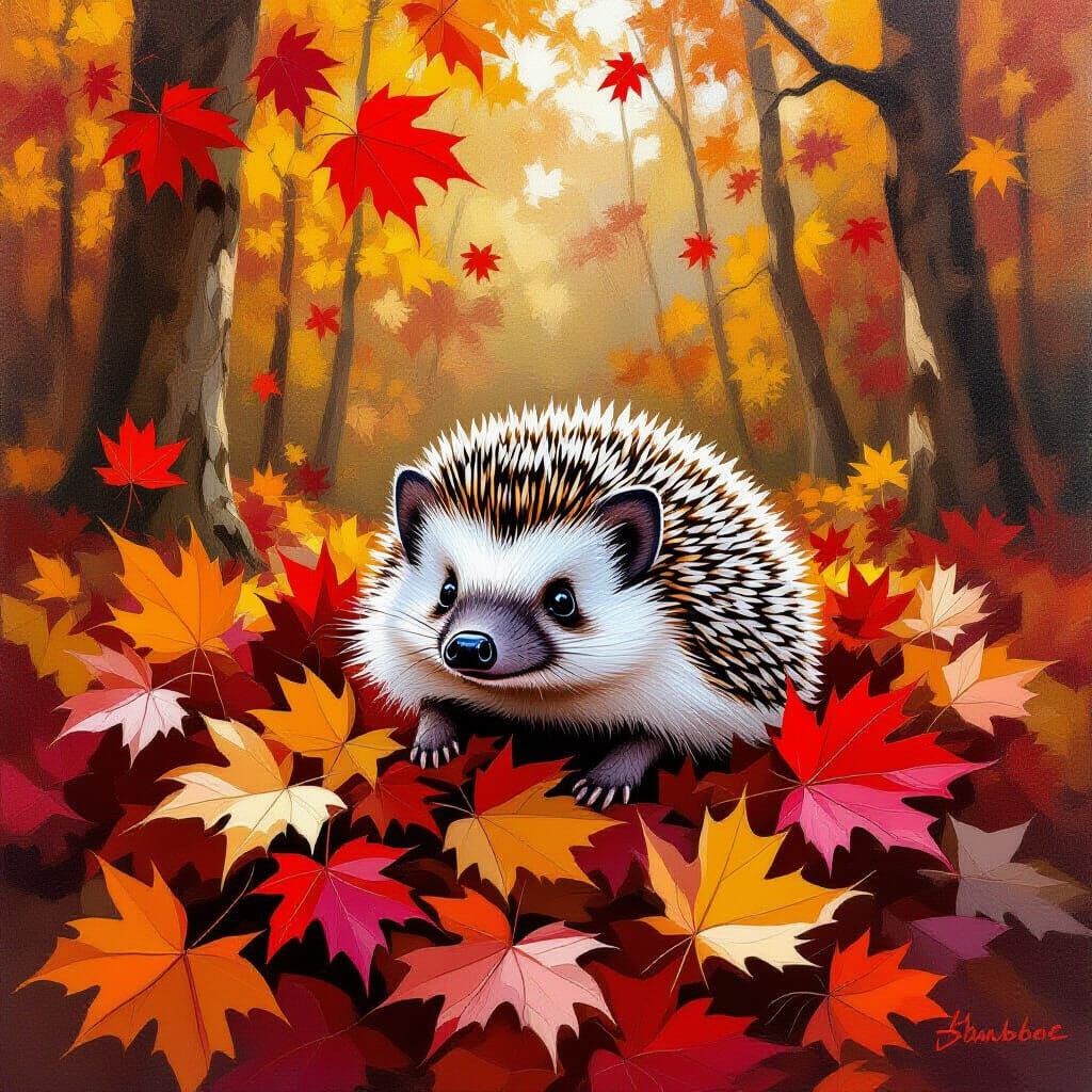 Oil Painting of Hedgehog in Red Maple Leaves, Impasto Style