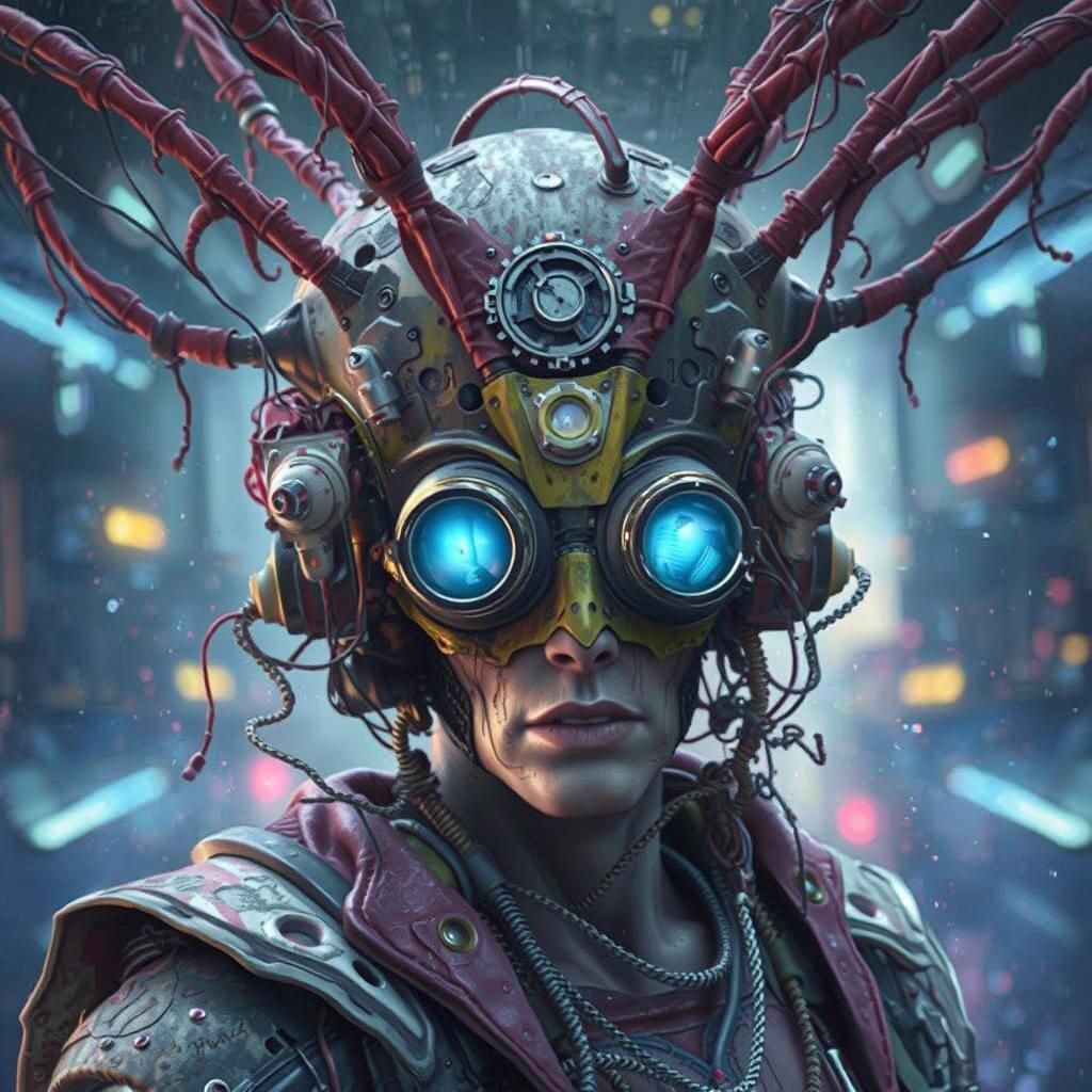 Cybernetic Figure with Camera Lens Eyes in Dystopian Setting