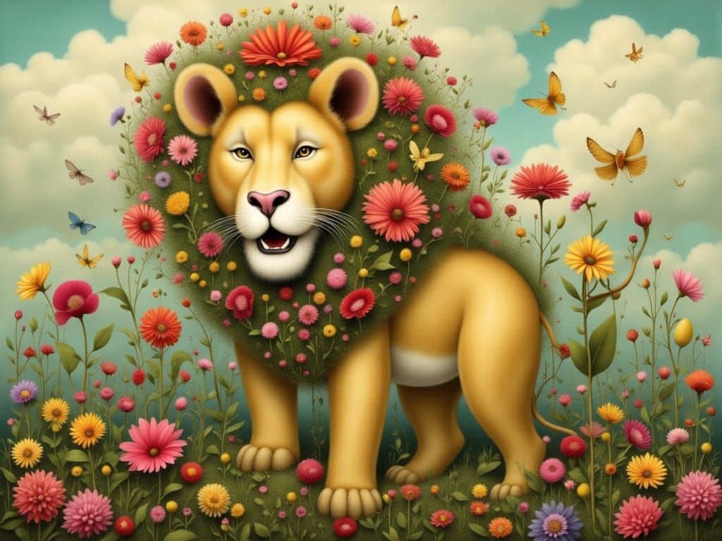 Majestic Lion With Floral Mane as Walking Garden