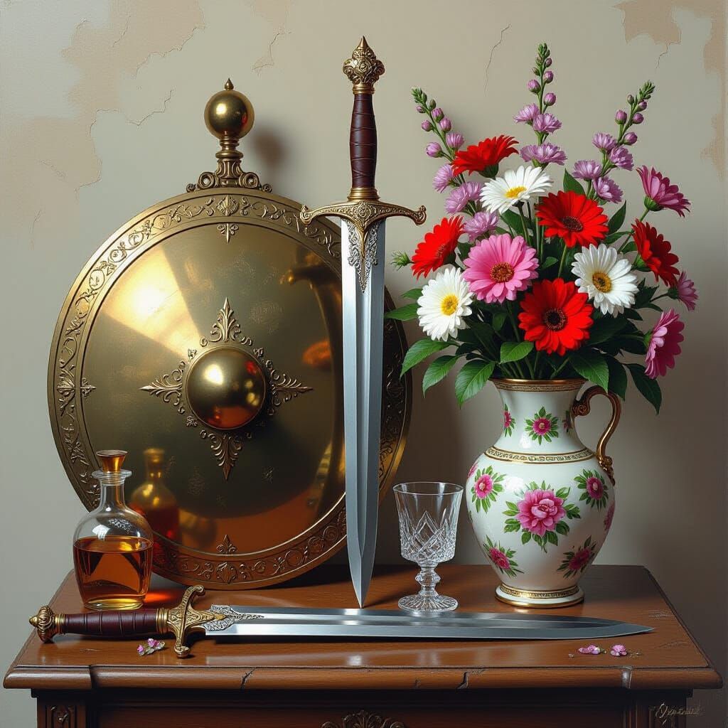Burnished Shield and Sword with Flowers: Mystical Realism
