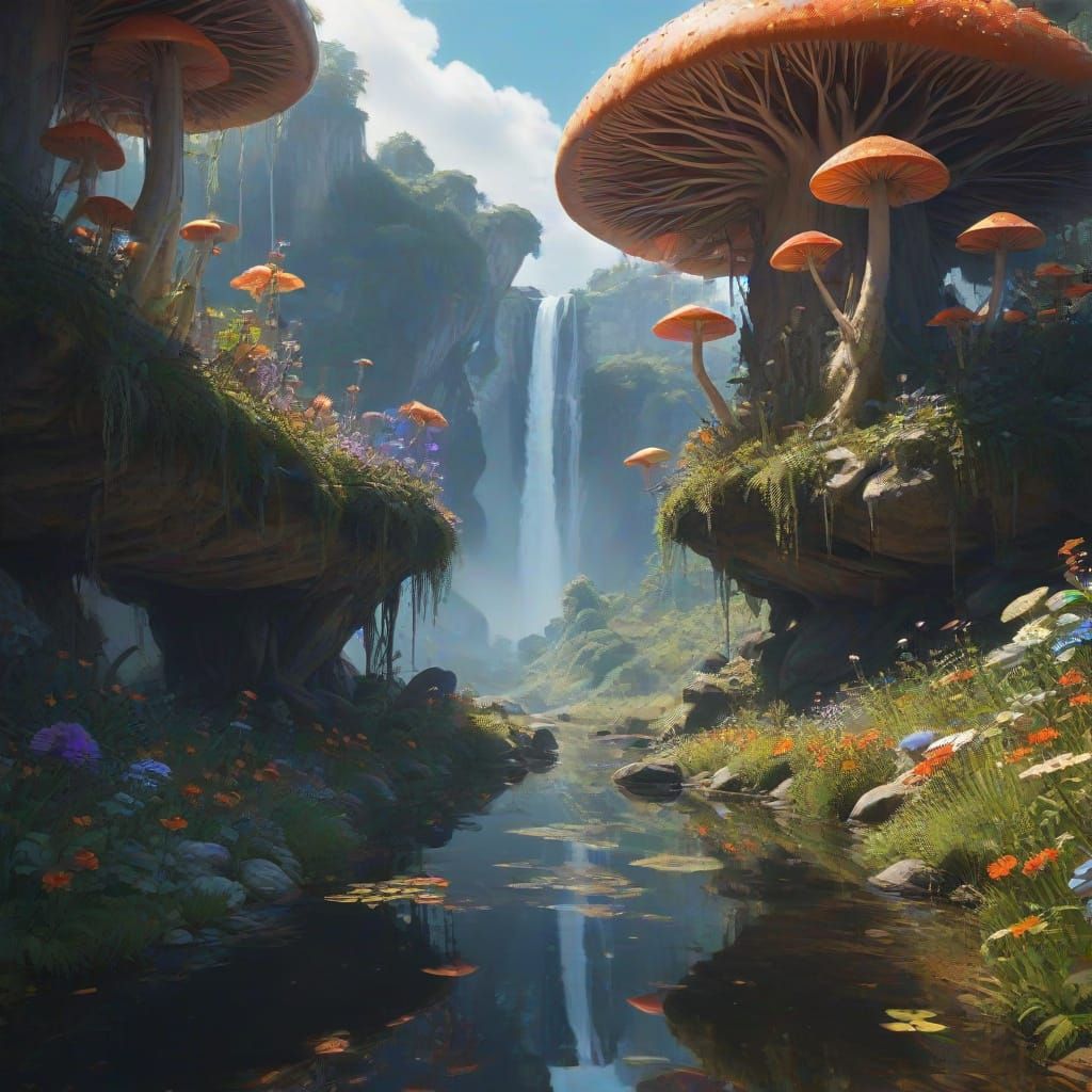 Dreamlike Realm with Floating Islands and Glowing Mushrooms ...