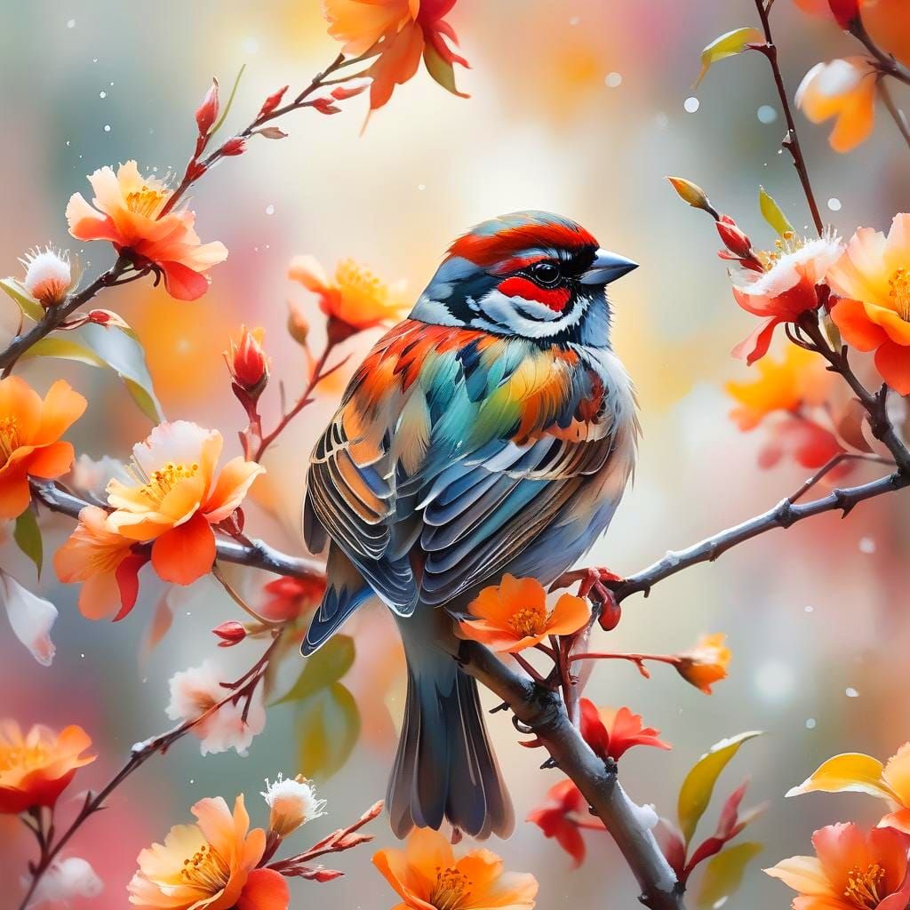 Vibrant Watercolor Bird Among Colorful Flowers