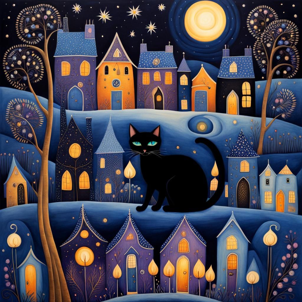 Black Cat in Candlelit Village, Art Brut Style