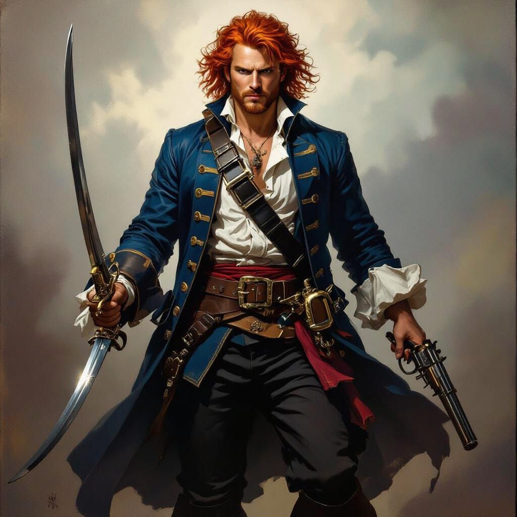 Red-Haired Pirate Captain with Sword and Pistol