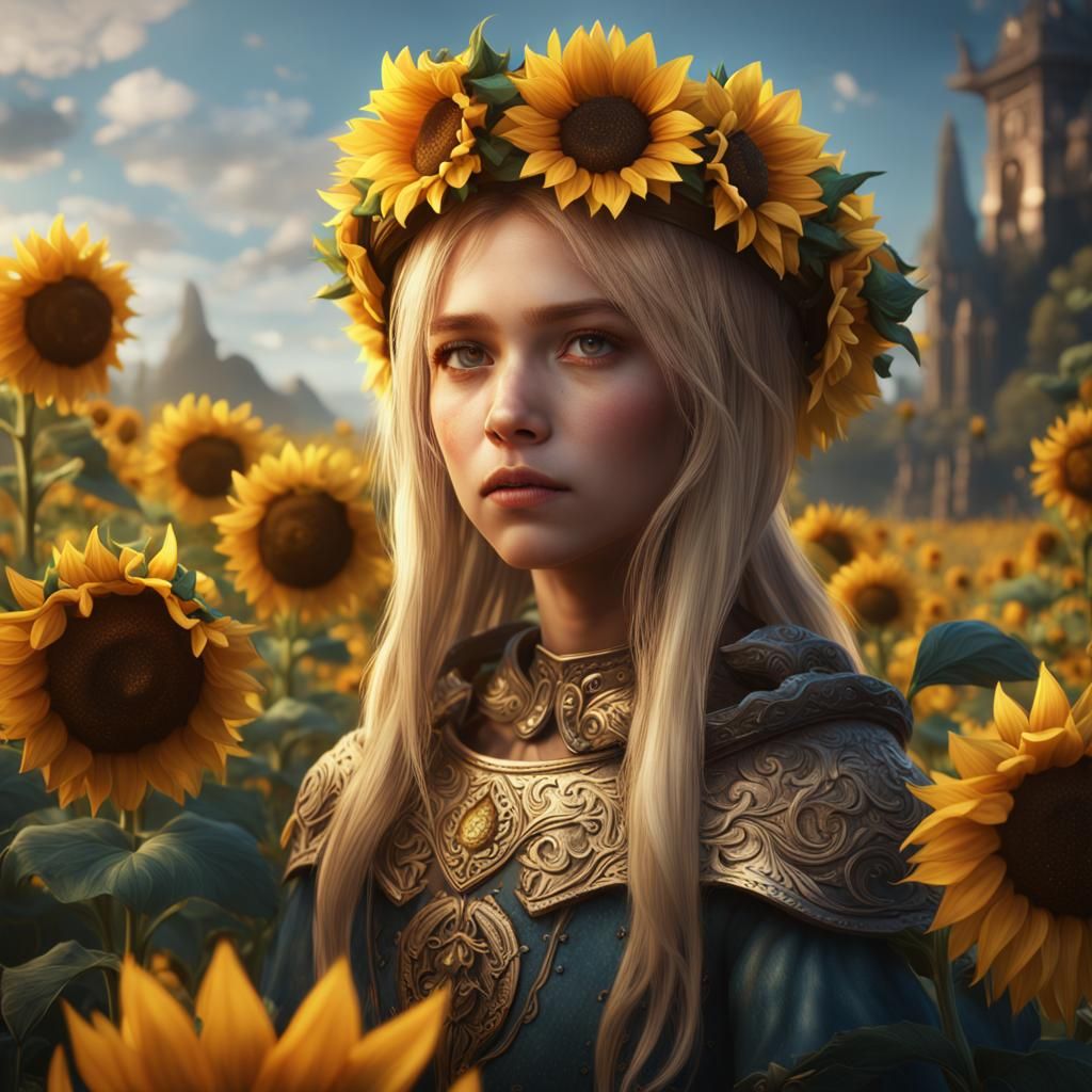 Girl with Sunflower Crown: Detailed Matte Painting