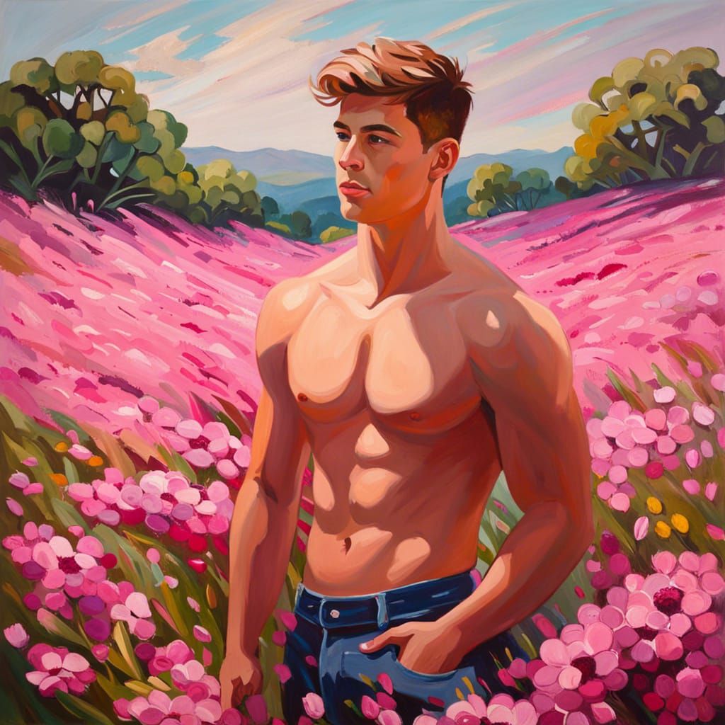 Gay Man in Pink Flower Field: Impasto Oil Painting