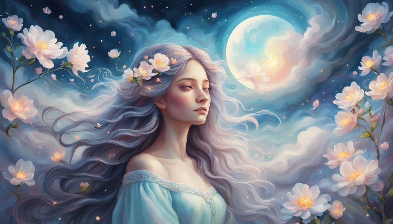 Ethereal Woman in Fantasy Landscape Oil Painting
