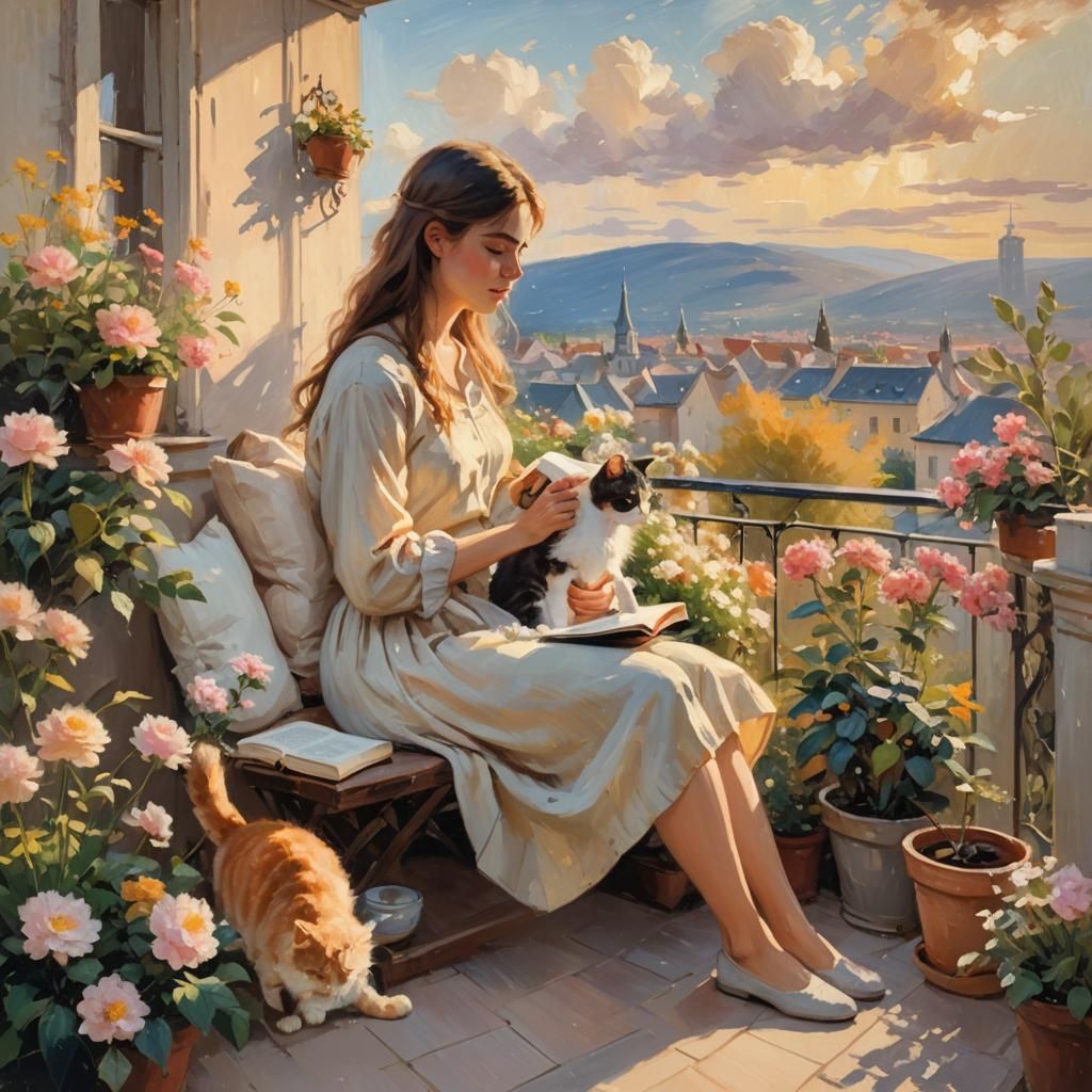 Impressionist Balcony Scene with Girl, Cat and Flowers