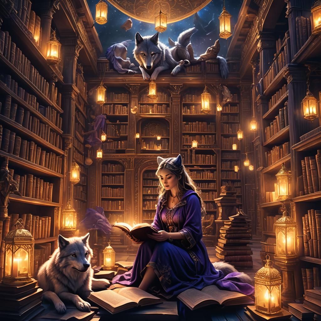 Wolf Girl Reading in Mystical Library: Fantasy Art