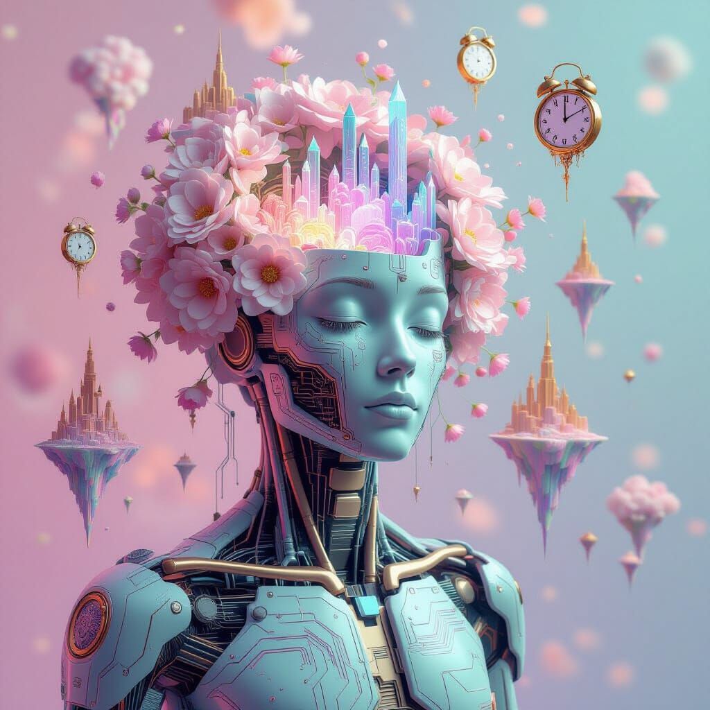 Surreal Motherboard Humanoid with Dreamscape Blooms and Melt...