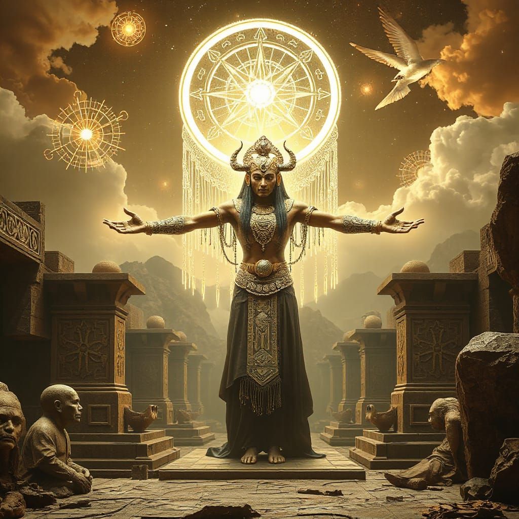 Anunnaki Deity in Cyberpunk Sumerian Landscape