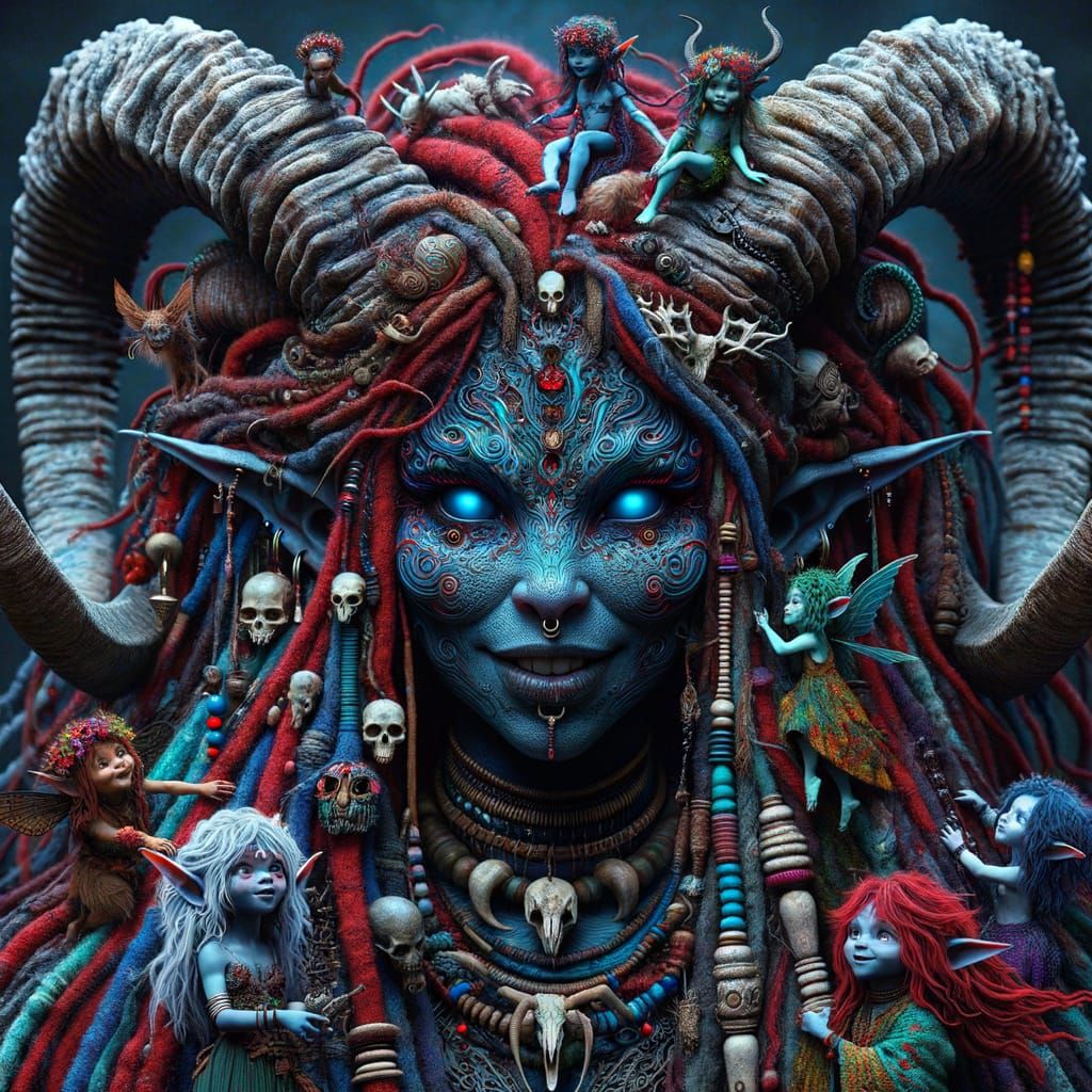 Blue Goddess with Spiral Horns and Fairy Folk