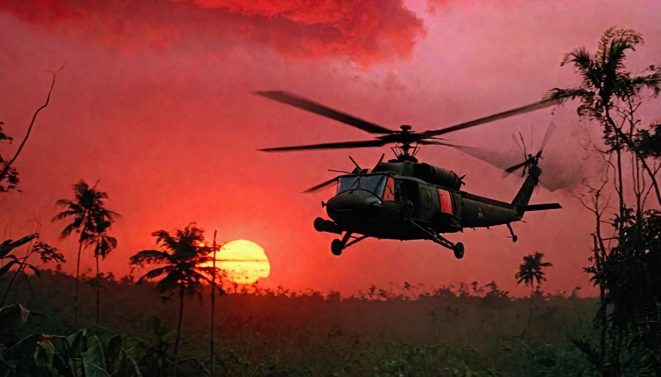 Helicopter at Sunrise: Cinematic Vietnam War Scene
