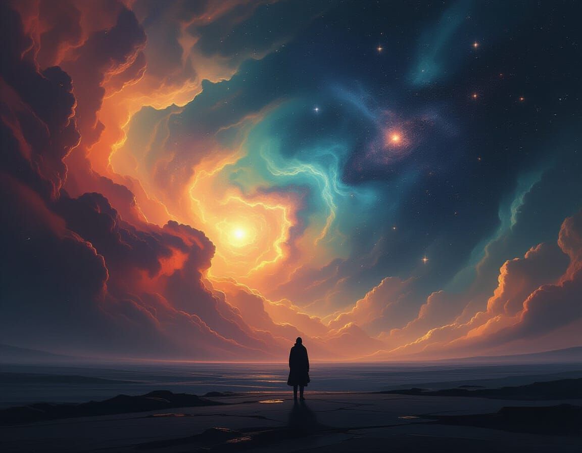 Cosmic Nebula Landscape with Silhouetted Figure