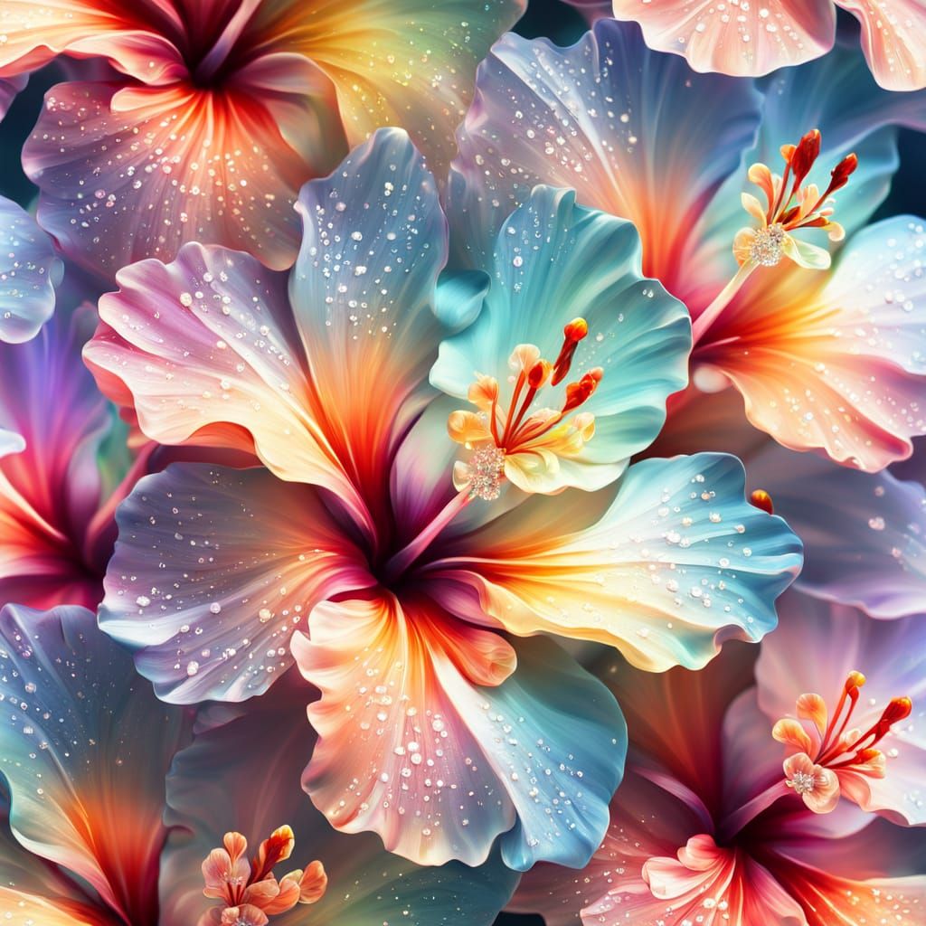 Sparkling Crystal Hibiscus Flowers in Oil Painting Style