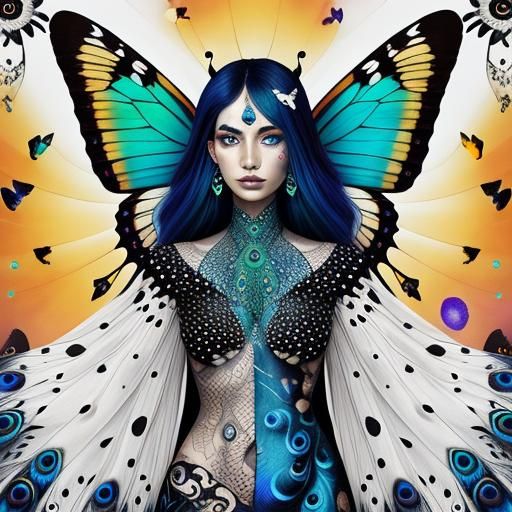 Butterfly Woman with Peacock Feathers: Cosmic Illustration