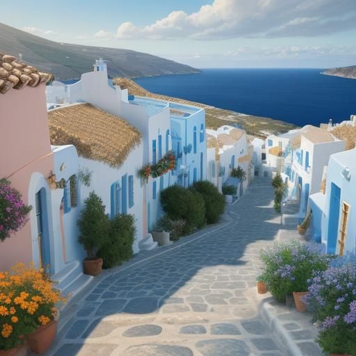 Greek Village Aegean Sea Folk Art Illustration