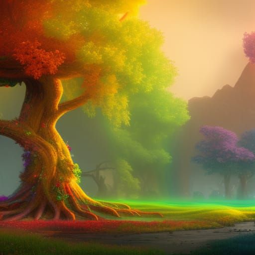 Colorful Rainbow Tree in Detailed Matte Painting