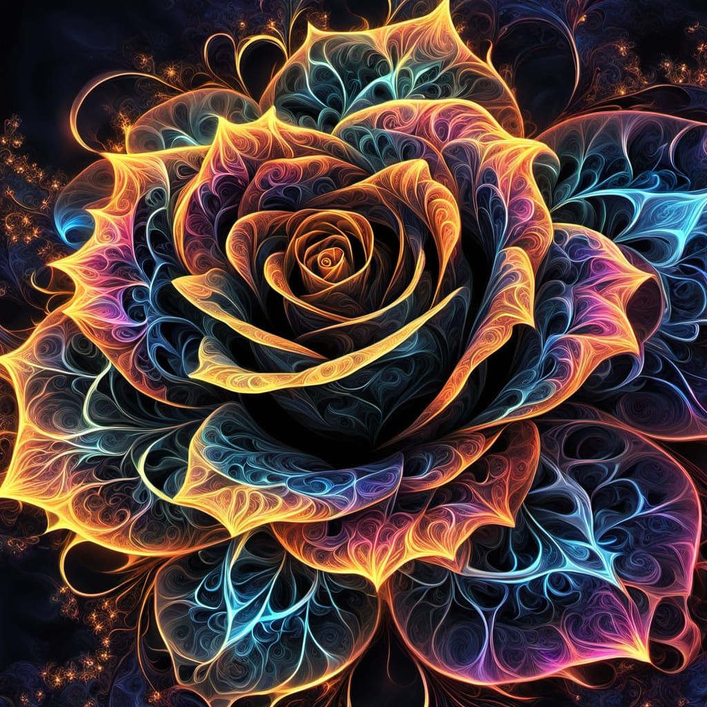 Fractal Rose: Neon Tendrils in Digital Art Style