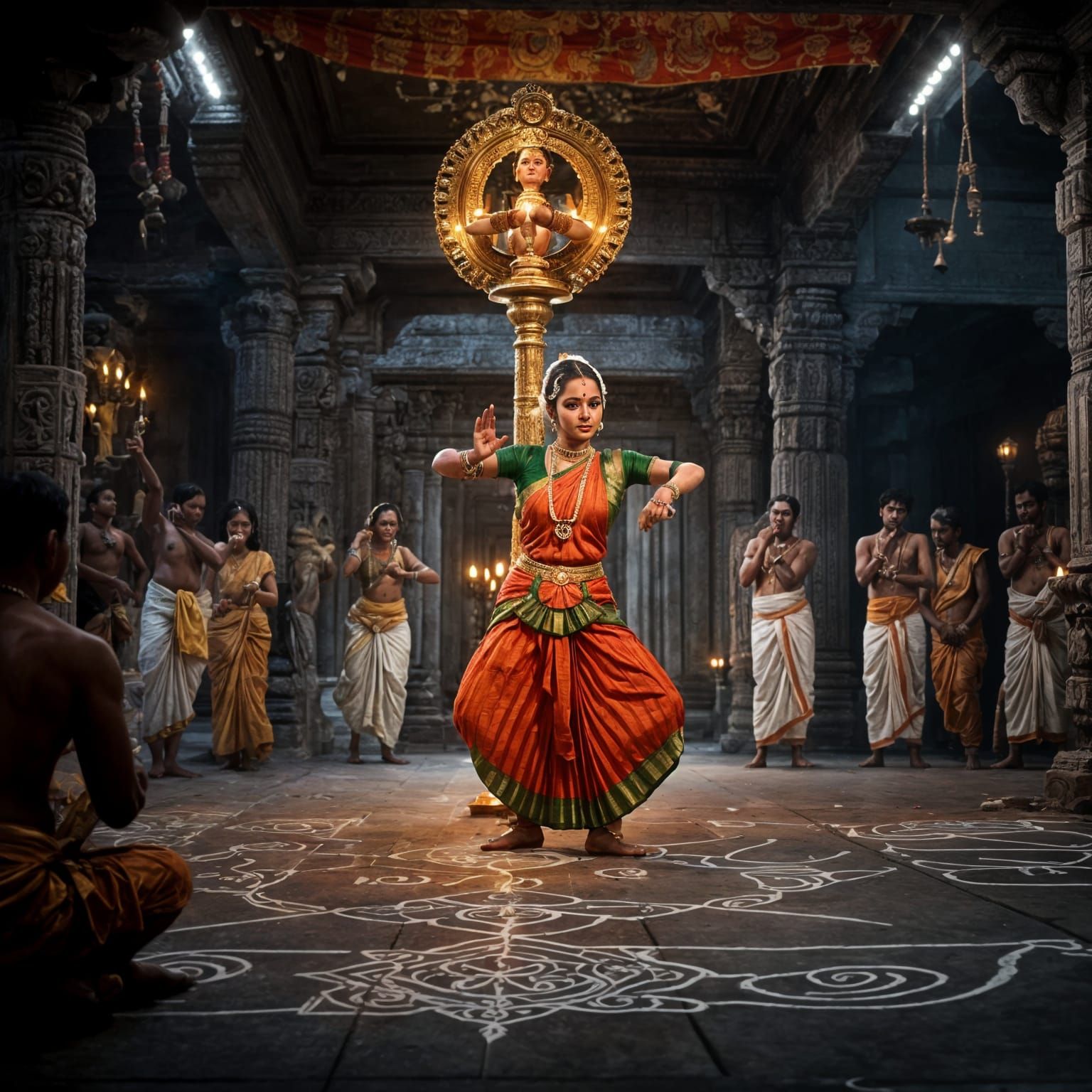 Vibrant Bharatanatyam Dance in a Tamil Temple Setting