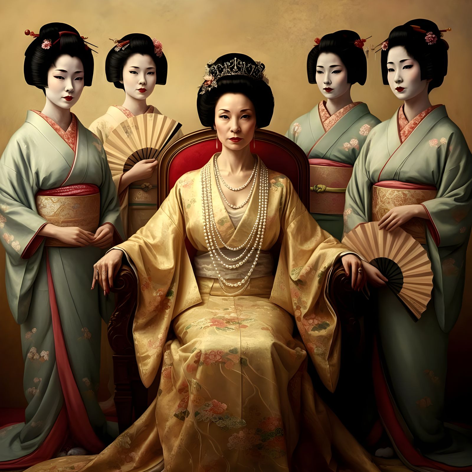 Elegant Queen Surrounded by Geisha Servants in Impressionist...