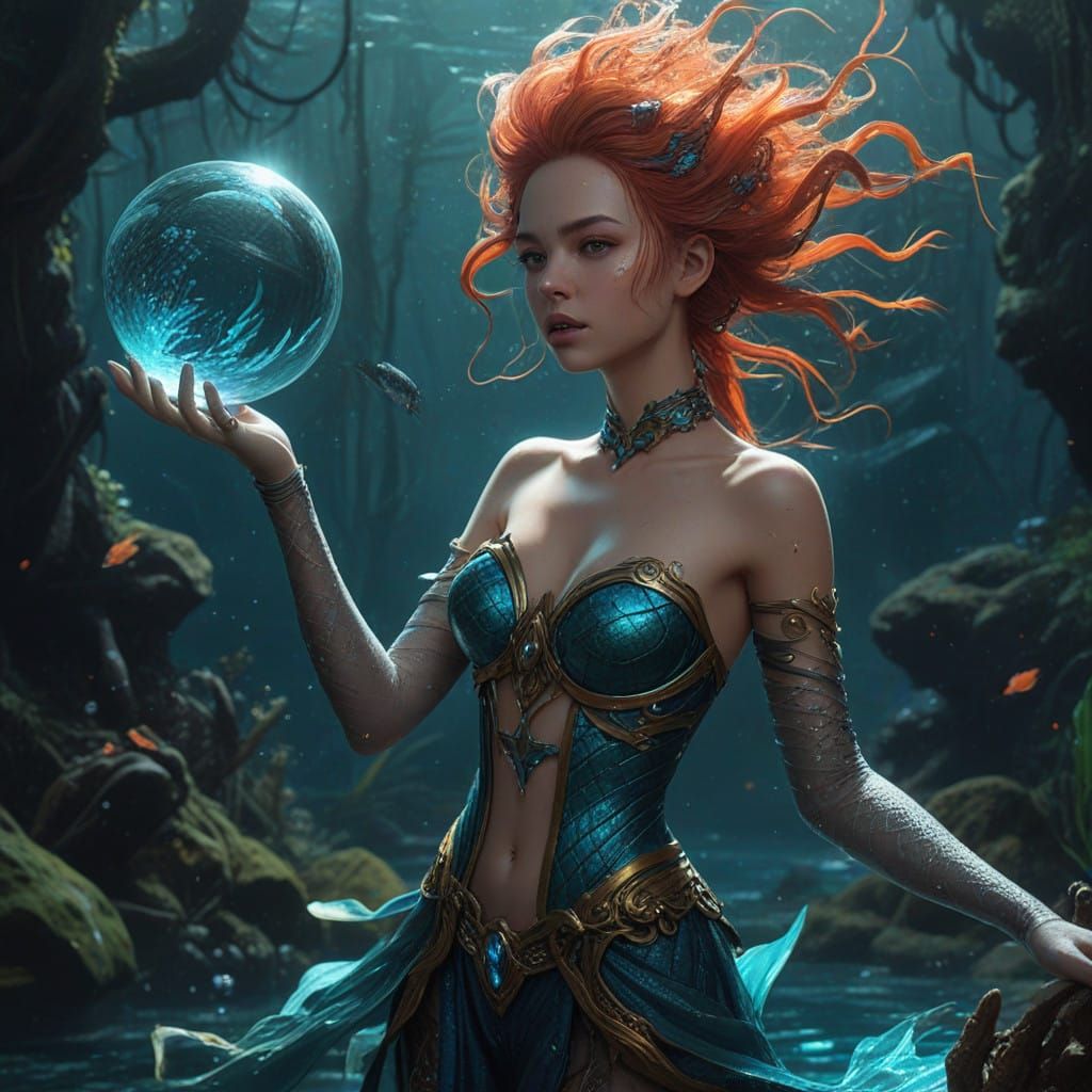 Turquoise Mermaid Witch in Ethereal Underwater Realm
