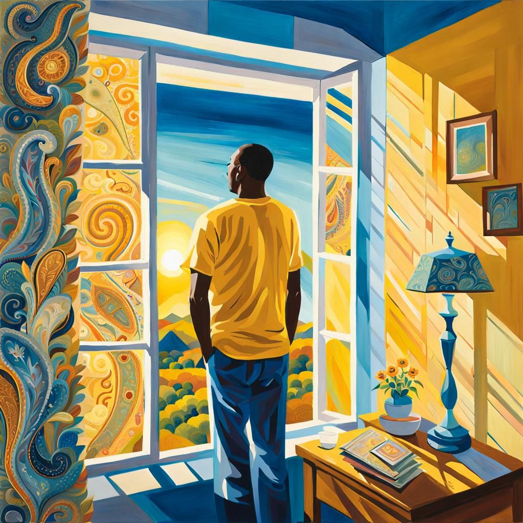 Smiling Man in Bedroom: Modern Abstract Painting