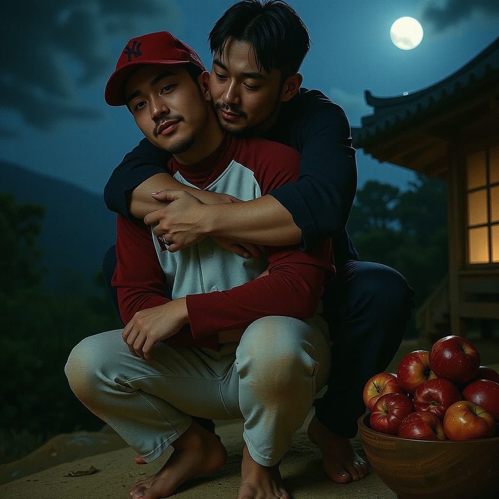 Korean Baseball Player and Guard Embrace on Mountain